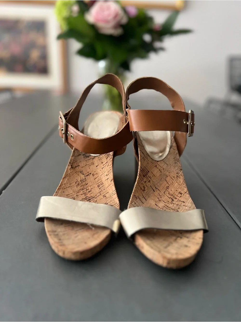 BCBGeneration Brown Cork Wedge Sandals Metallic Strap Casual Resort Size 10